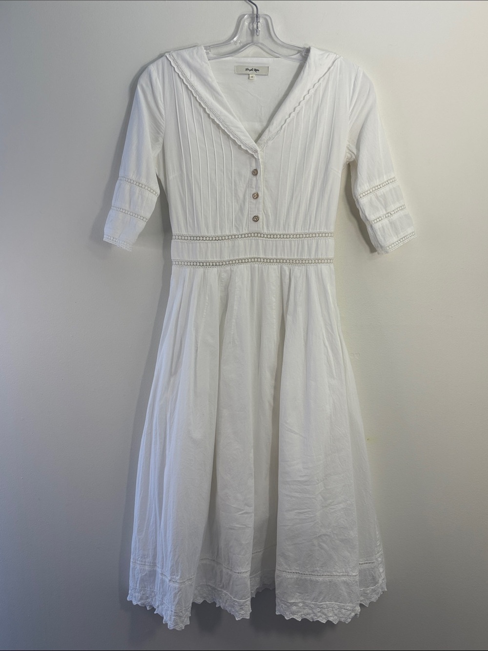 Simple Retro White Cotton Lace-Trim Midi Dress